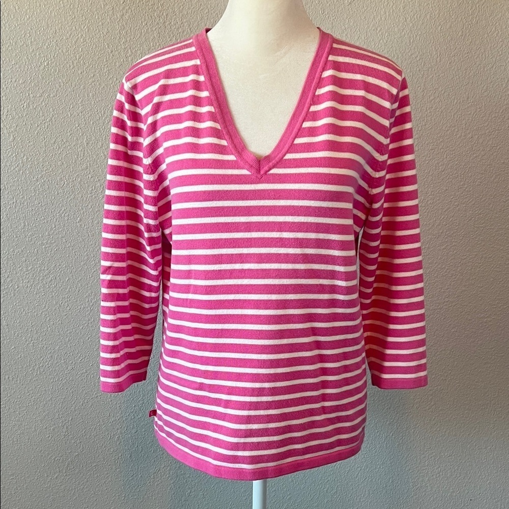 Lauren Ralph Lauren VNeck Striped Lightweight Sweater Pink/White Size Large